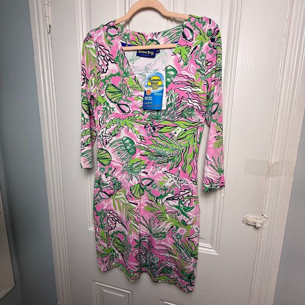 Banana Boat UPF 50 Sun Protection Dress Pink Green V Neck Womens Medium NWT